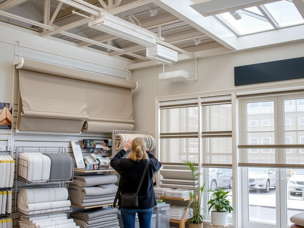 Modern overhead shading structure installed neatly beneath white architectural beams