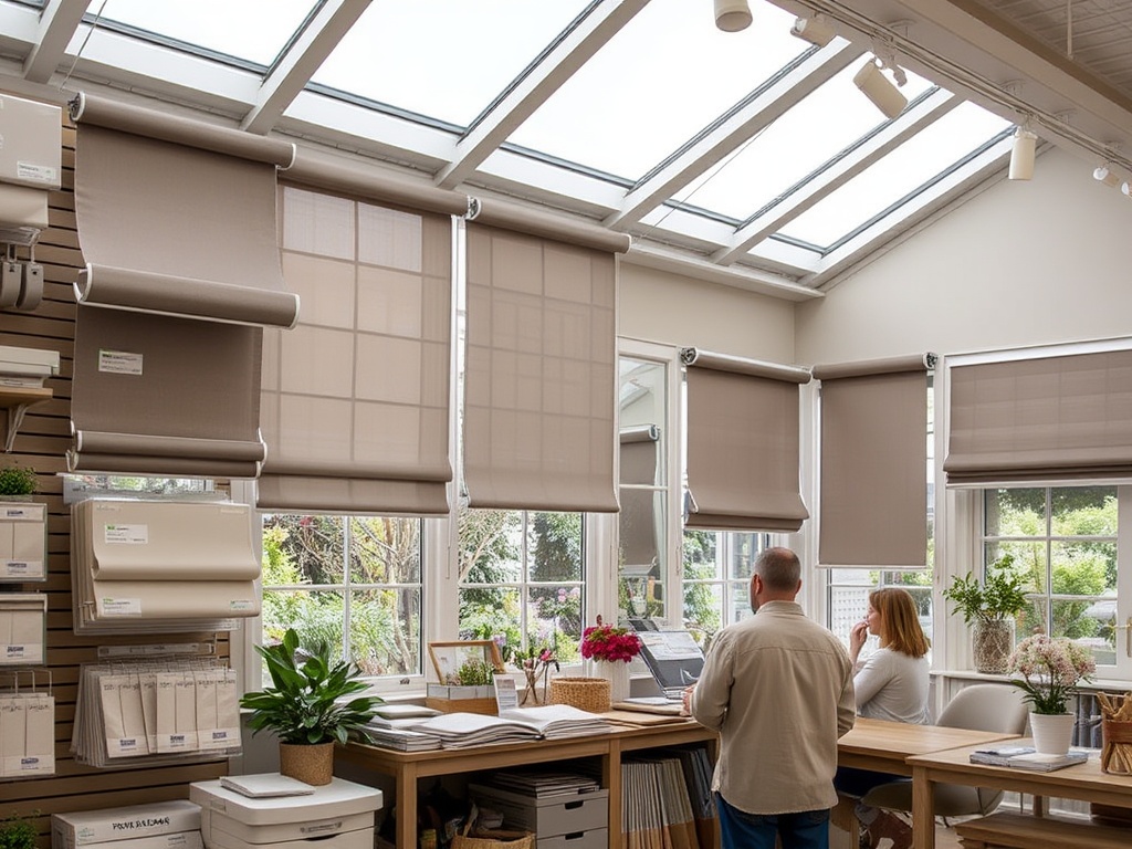 Neatly pleated bespoke roman shades partially lowered letting in patterned light